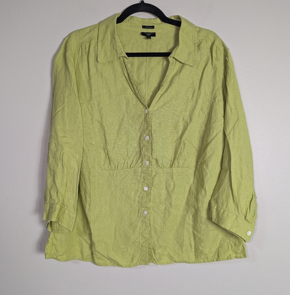 16W Talbots Woman Green Button Front Linen Top